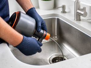 Drain cleaning tool clearing a sink drain