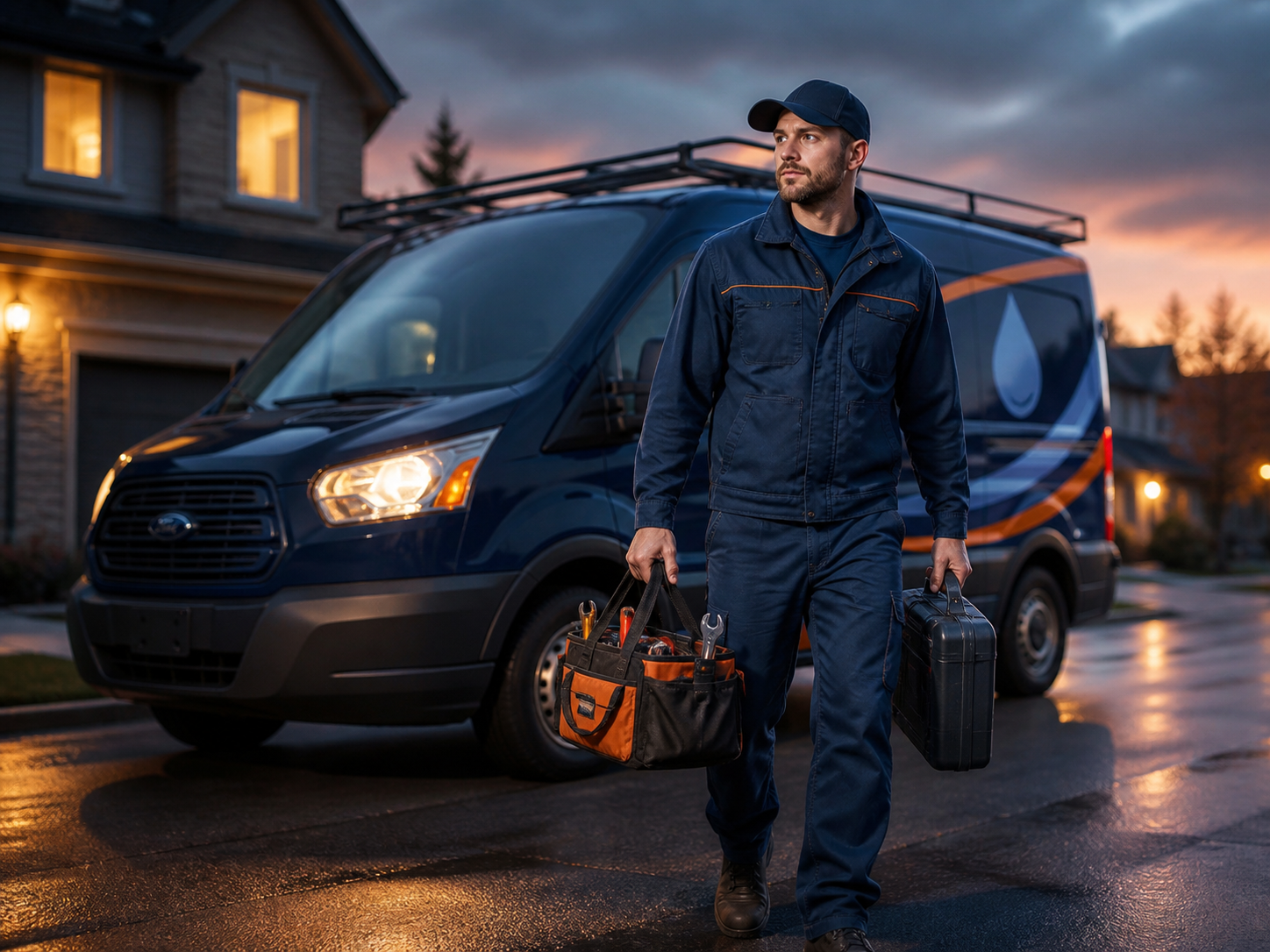 Emergency plumber with tools beside a service van