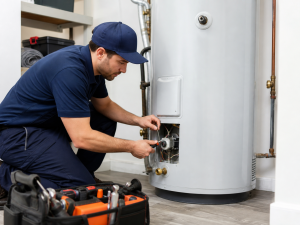 Plumber servicing a residential water heater