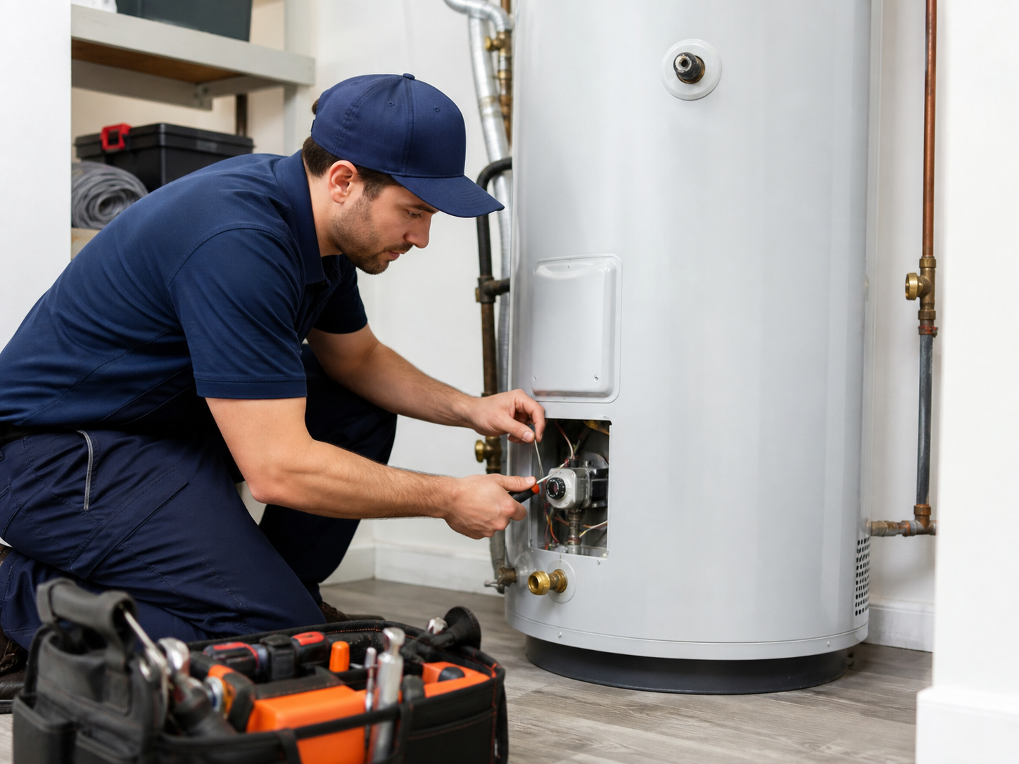 Plumber servicing a residential water heater