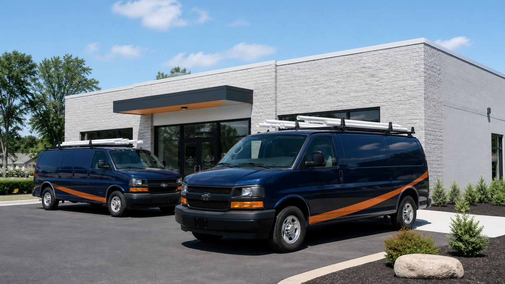 Plumbing company storefront with service vans